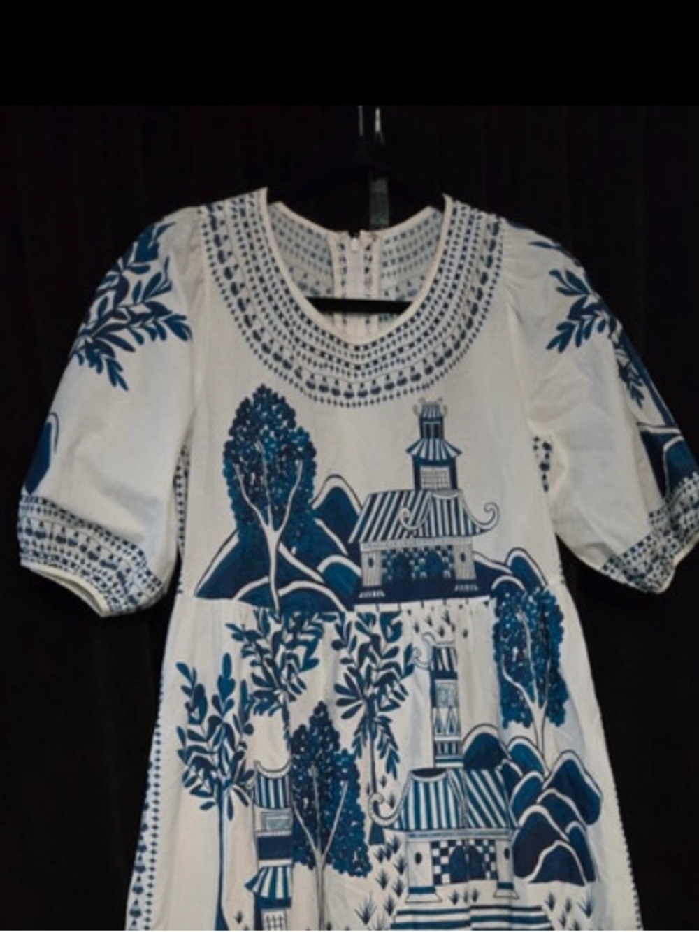 FARM RIO CHINOISERIE ENCHANTED GARDEN MIDI DRESS BLUE SMALL - Picture 5 of 9
